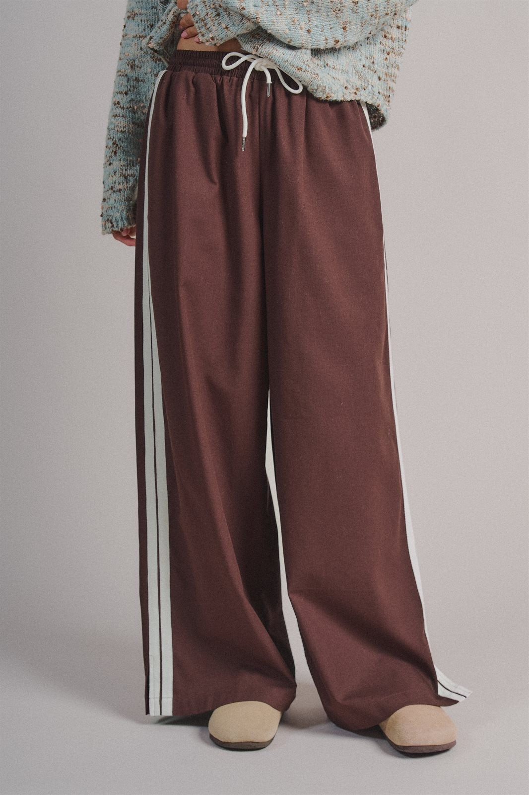 Side Stripe Drawstring Wide-Leg Pants in BROWN - Women's Casual Pants | Urban Daizy