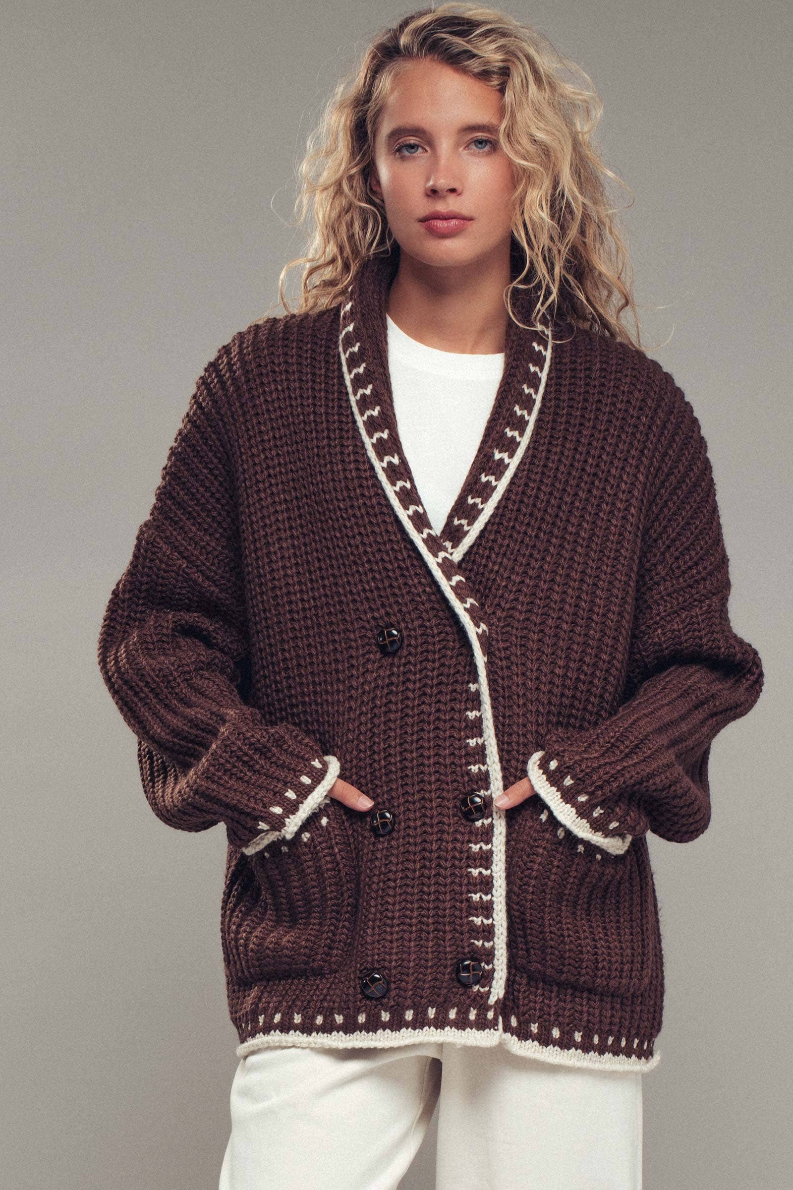 Urban Daizy Chunky Knit Oversized Contrast Cardigan Taupe Cardigan - Women's (UDZ-TP-00814) – alternate view 4