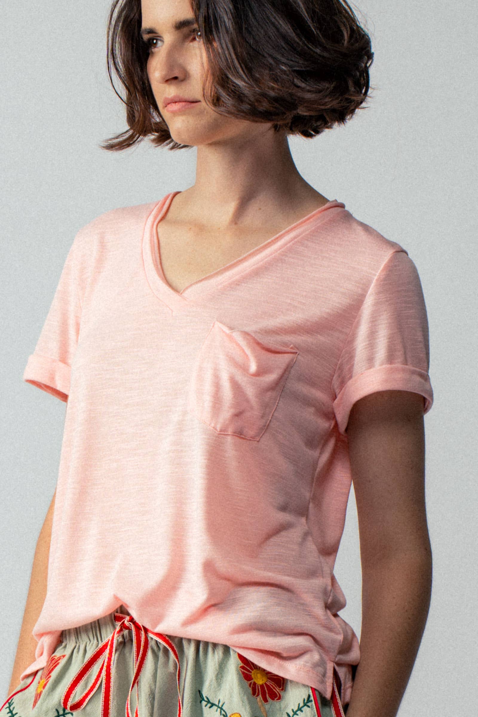 Rolled Sleeve V-Neck Pocket Tee