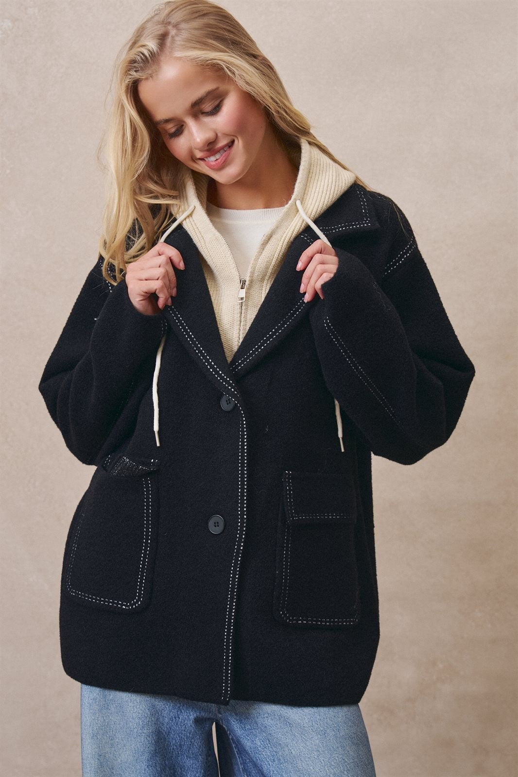 Hooded Wool Blend Oversized Short Coat in BLACK - Women's Coats | Urban Daizy
