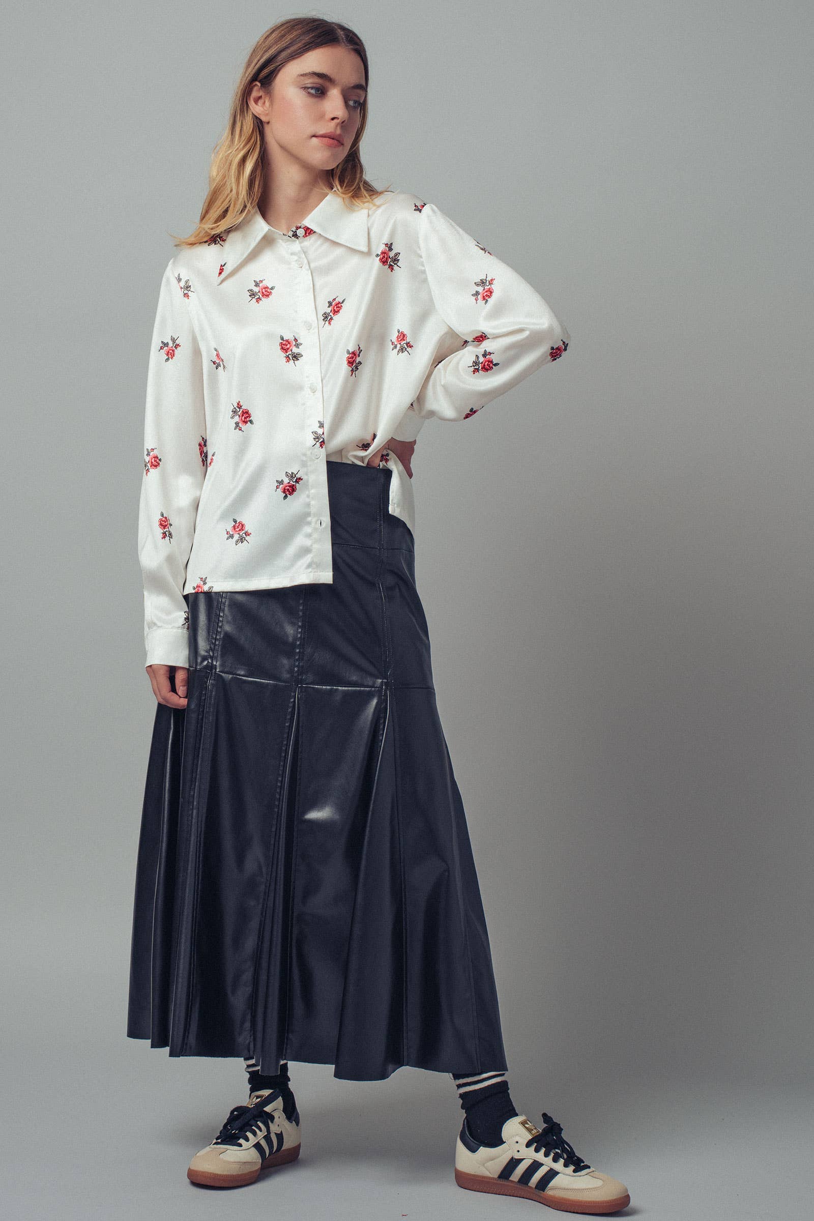 Rose Print Satin Button-Up Blouse