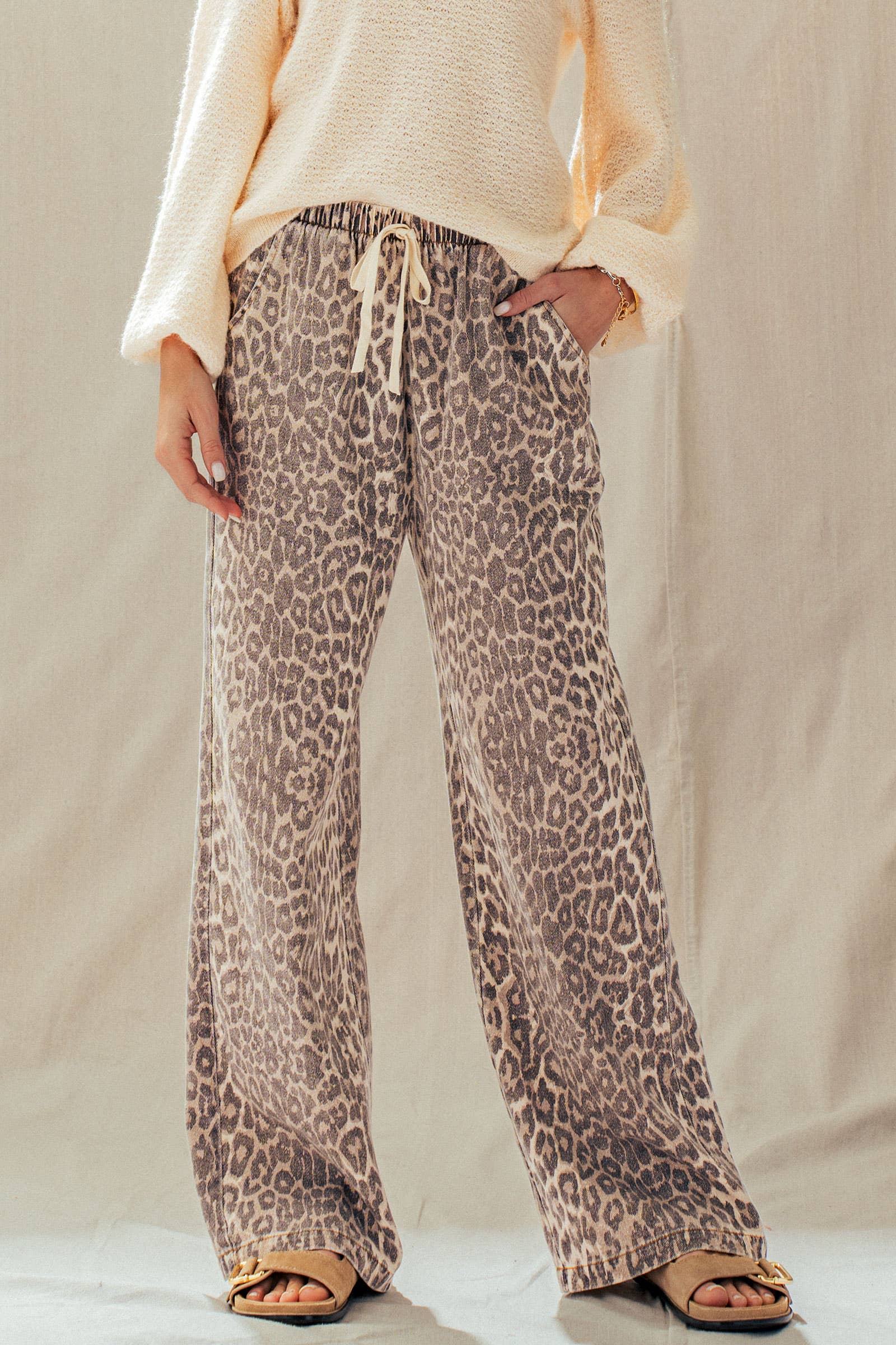 Urban Daizy Leopard Print Wide Leg Cotton Pants Drawstring Leopard Pants - Women's (UDZ-PT-00482) – alternate view 2