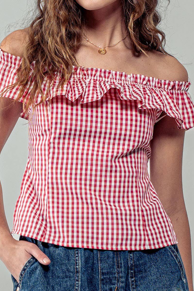 Urban Daizy Gingham Ruffle Off-Shoulder Crop Top Pink Blouse - Women's (UDZ-TP-01034) – alternate view 38