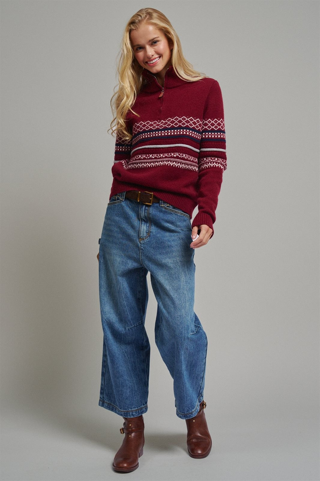 Fair Isle Quarter Zip Sweater Wool Blend with Leather Pull T in BURGUNDY - Women's Cardigans & Shrugs | Urban Daizy