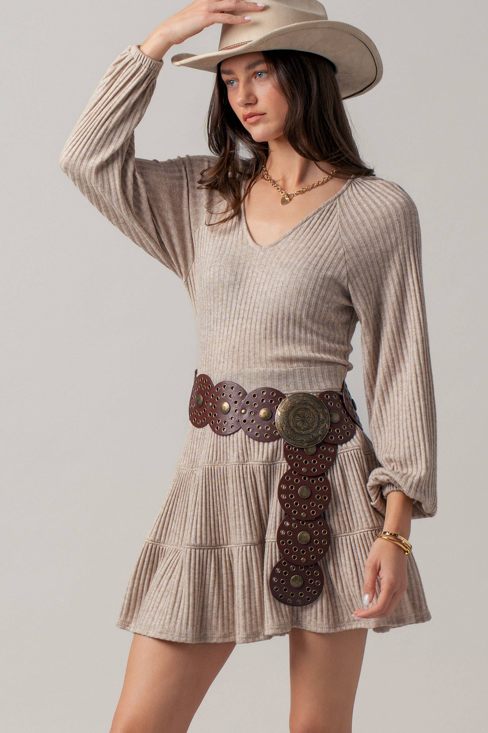 Cashmere Ribbed V-Neck Tiered Mini Dress