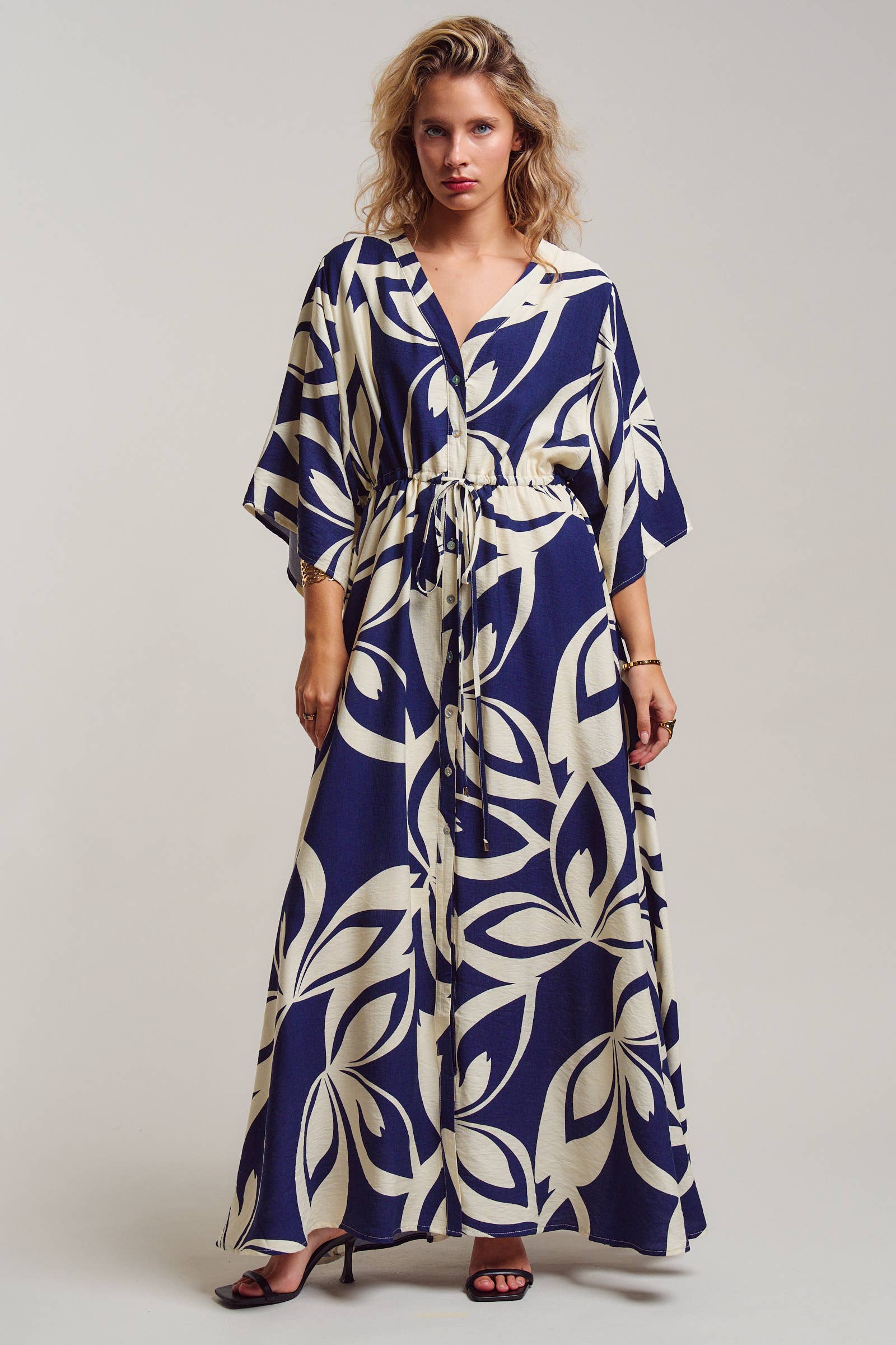 Urban Daizy Navy Abstract Leaf Print Caftan Maxi Dress Navy Dress - Women's (TNDR1631-Navy)