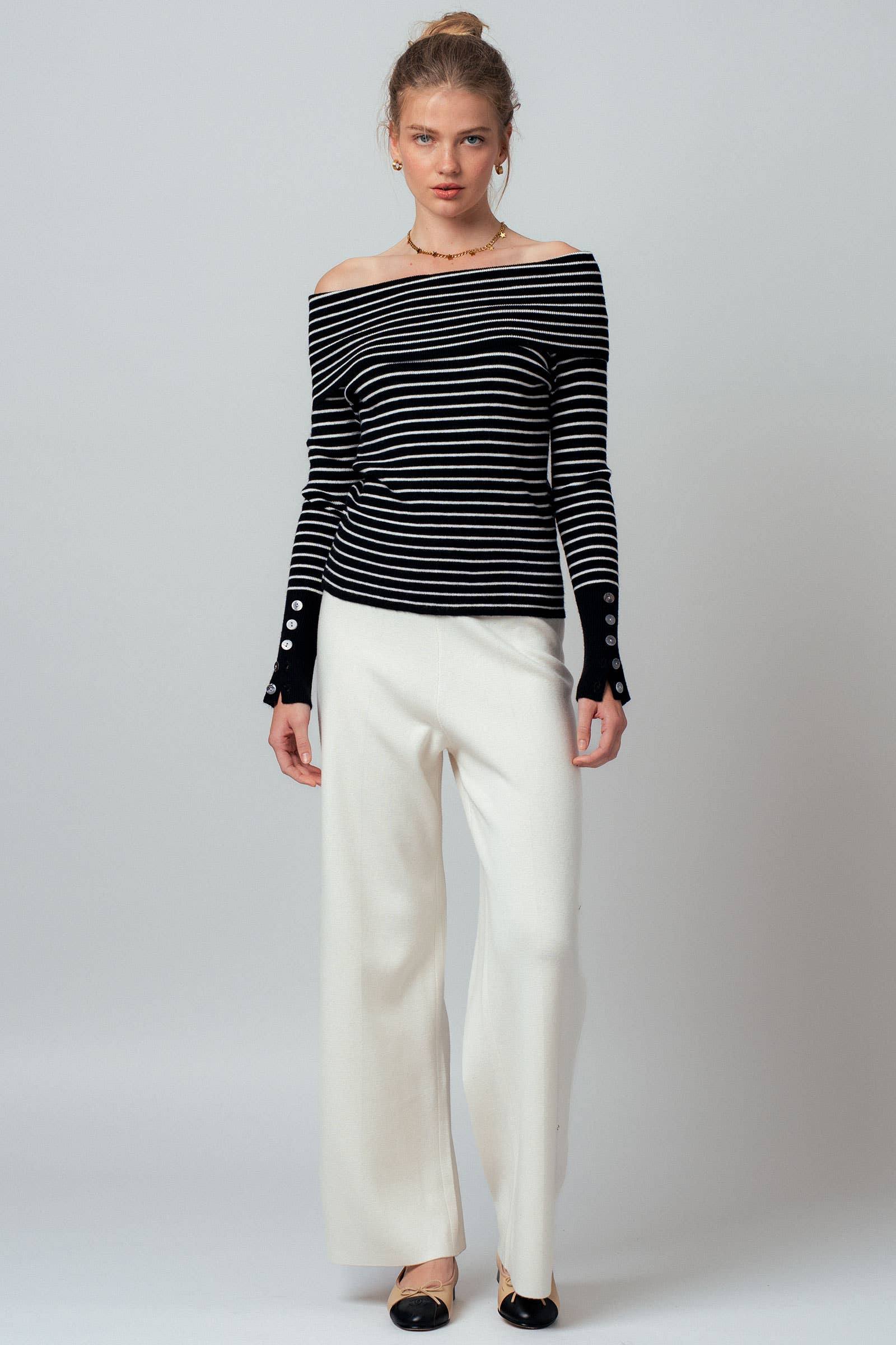 Off-Shoulder Striped Knit Top