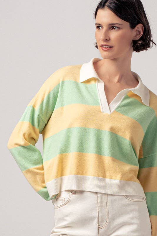 Preppy Striped Contrast Collar Cropped Rugby Long Sleeve Top