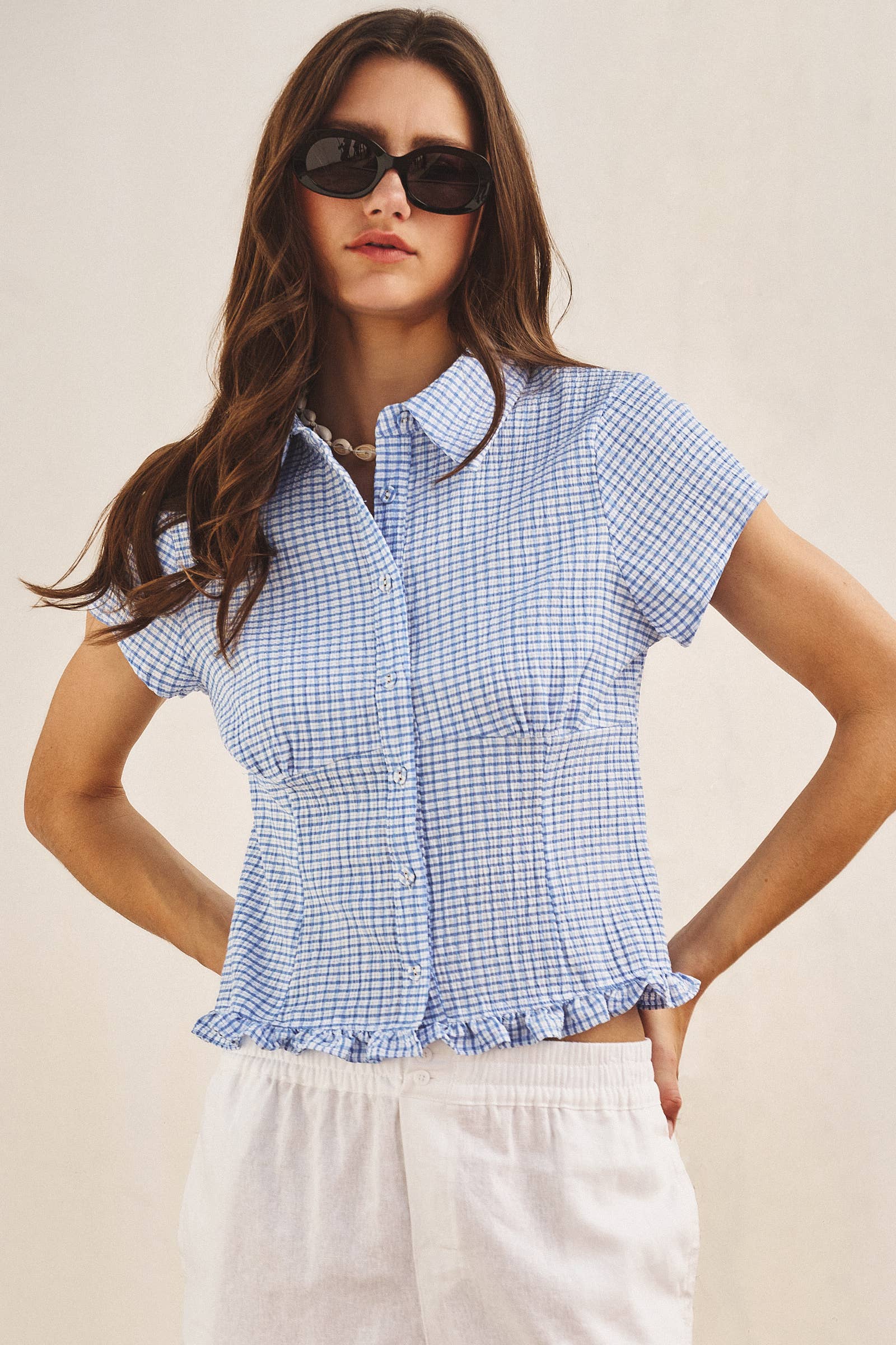 Crinkle Gingham Short Sleeve Peplum Blouse