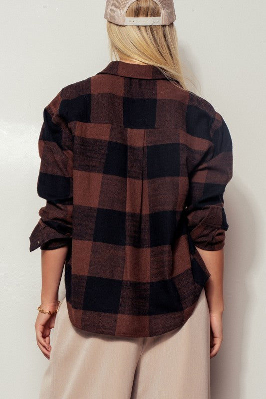 Buffalo Plaid Flannel Shirt Button Up Western Boho Top in BLACK - Women's Shirts & Blouses | Urban Daizy