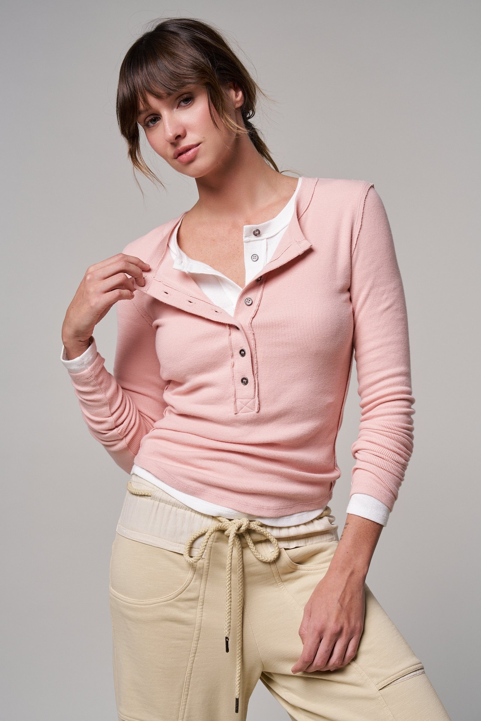 Long Sleeve Henley Top in Soft Ribbed Knit in PINK CLAY - Women's T-Shirts & Polos | Urban Daizy