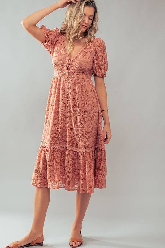 Scalloped Lace Button Front Midi Dress