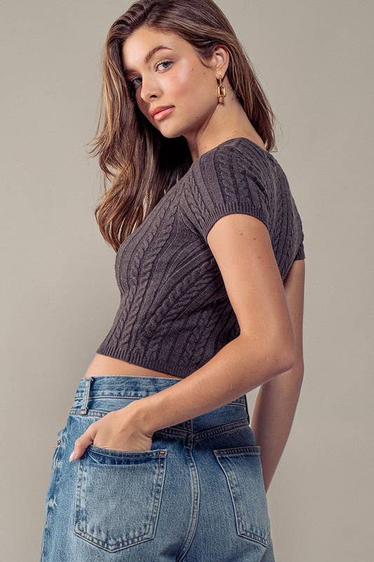 Cable Knit Cropped Slim Fit Short Sleeve Top