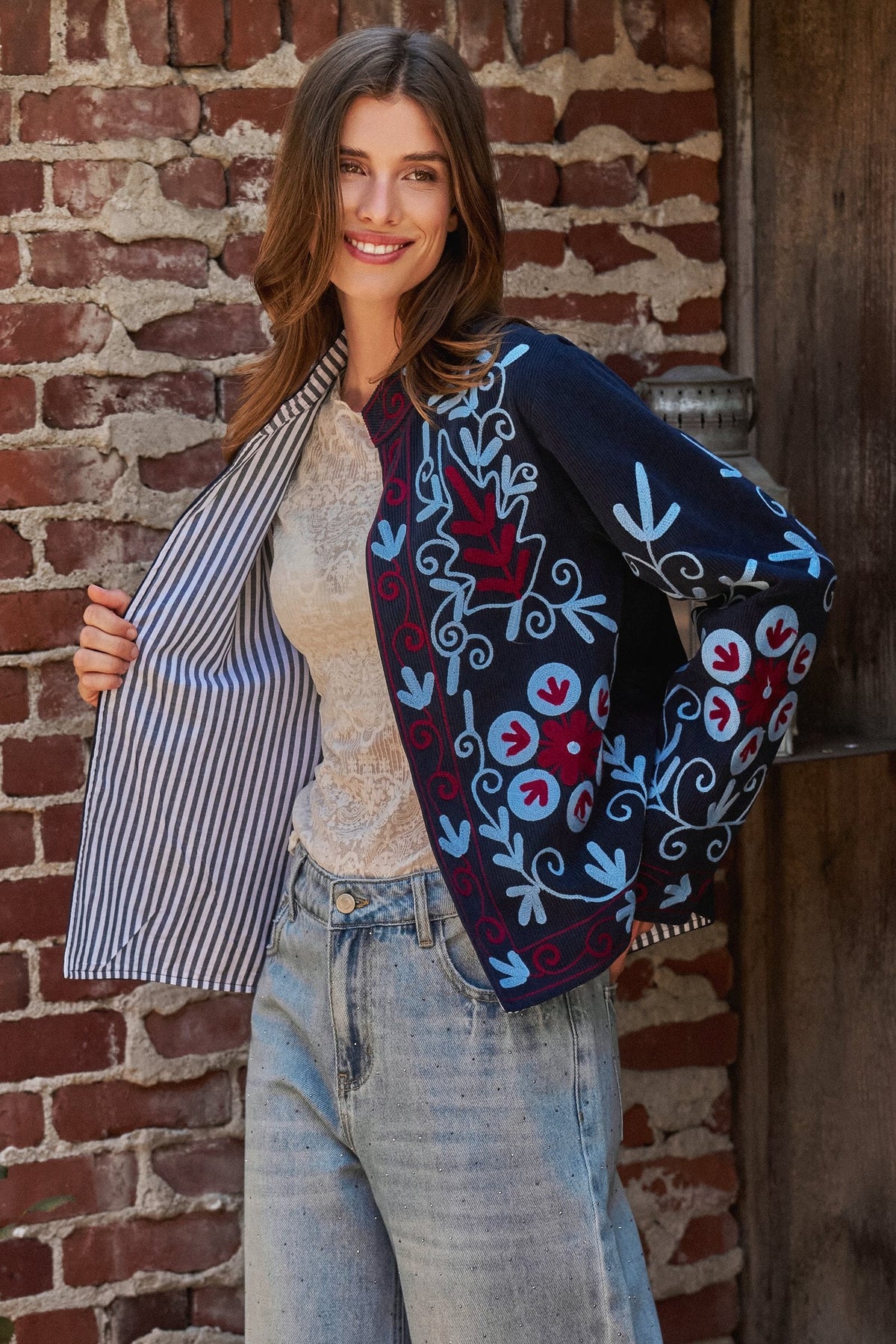 Embroidered Corduroy Jacket with Folk Floral Scroll in NAVY - Women's Jackets & Blazers | Urban Daizy