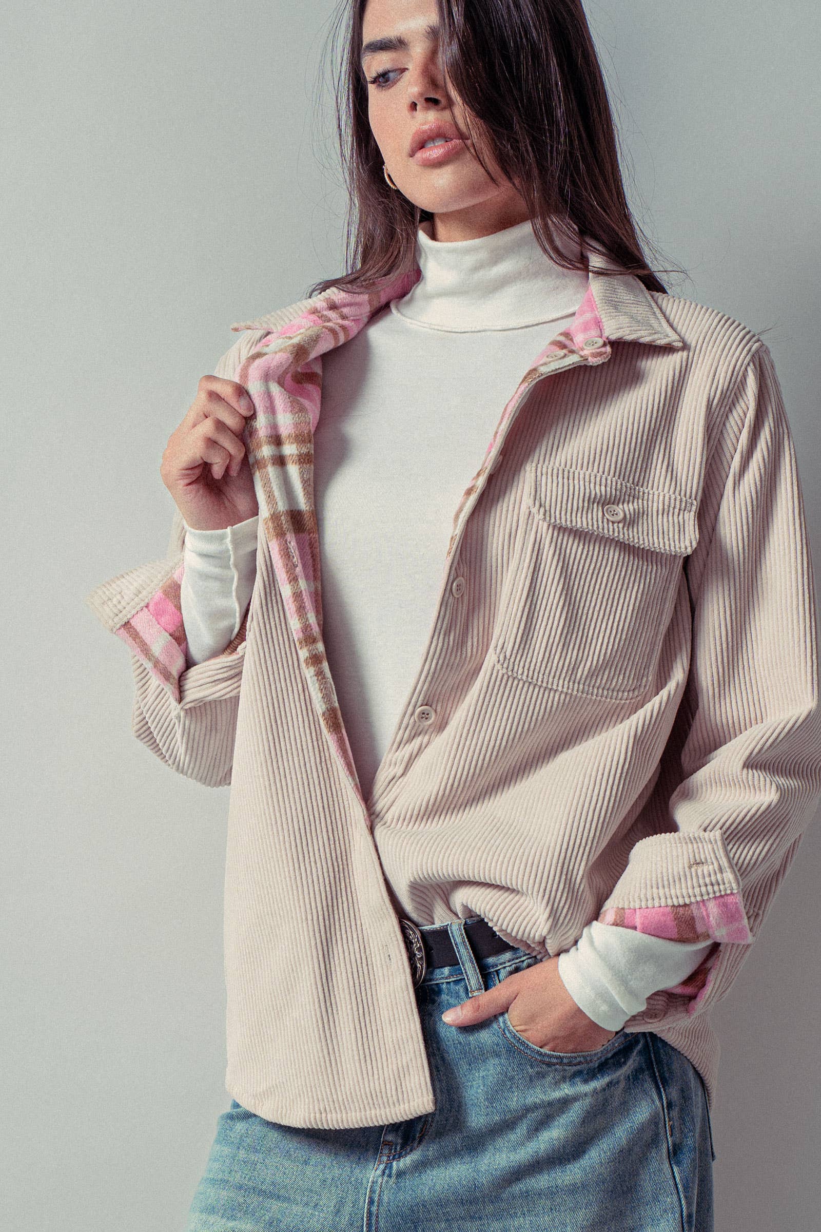 Urban Daizy Plaid Flannel-Lined Corduroy Shacket Taupe Shirt Jacket/Shacket - Women's (UDZ-KN-00150) – alternate view 24
