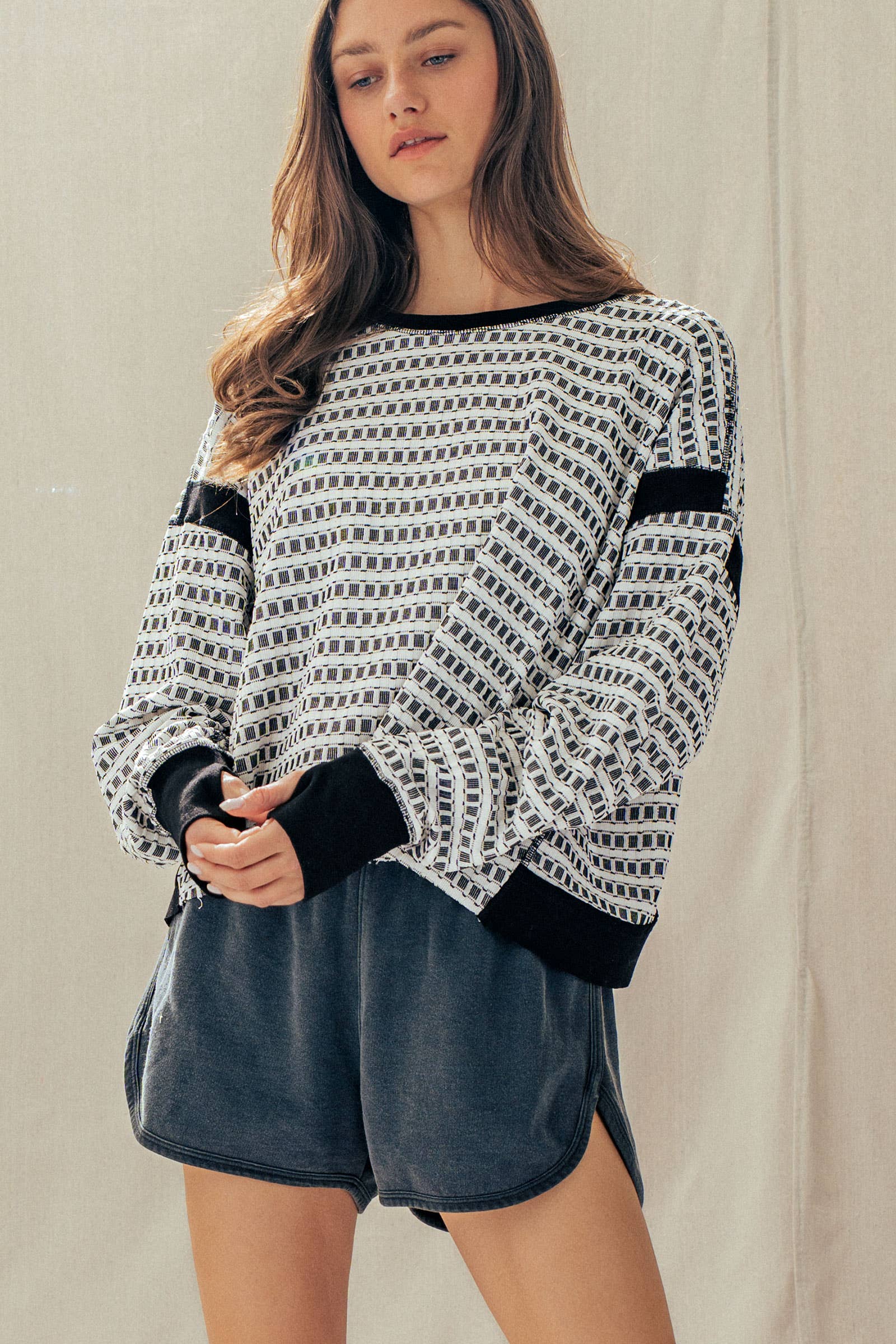 Reversible Textured Check Long Sleeve Pullover