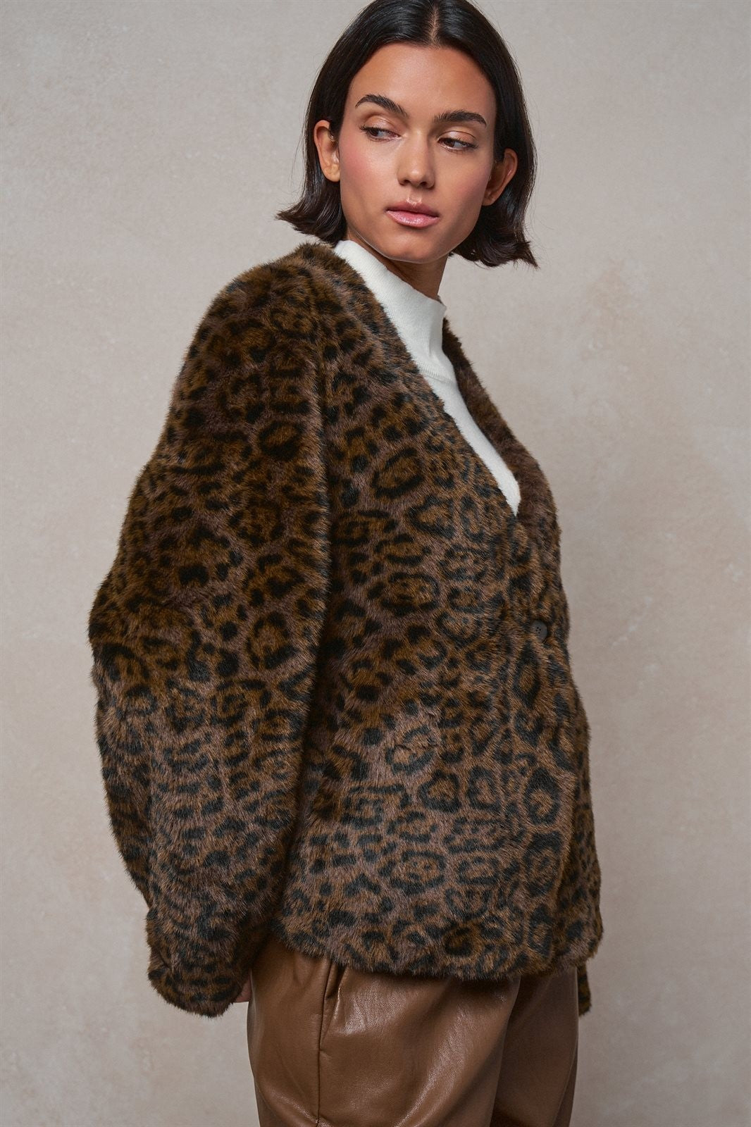 Leopard Print Faux Fur V-Neck Jacket in BROWN - Women's Jackets & Blazers | Urban Daizy