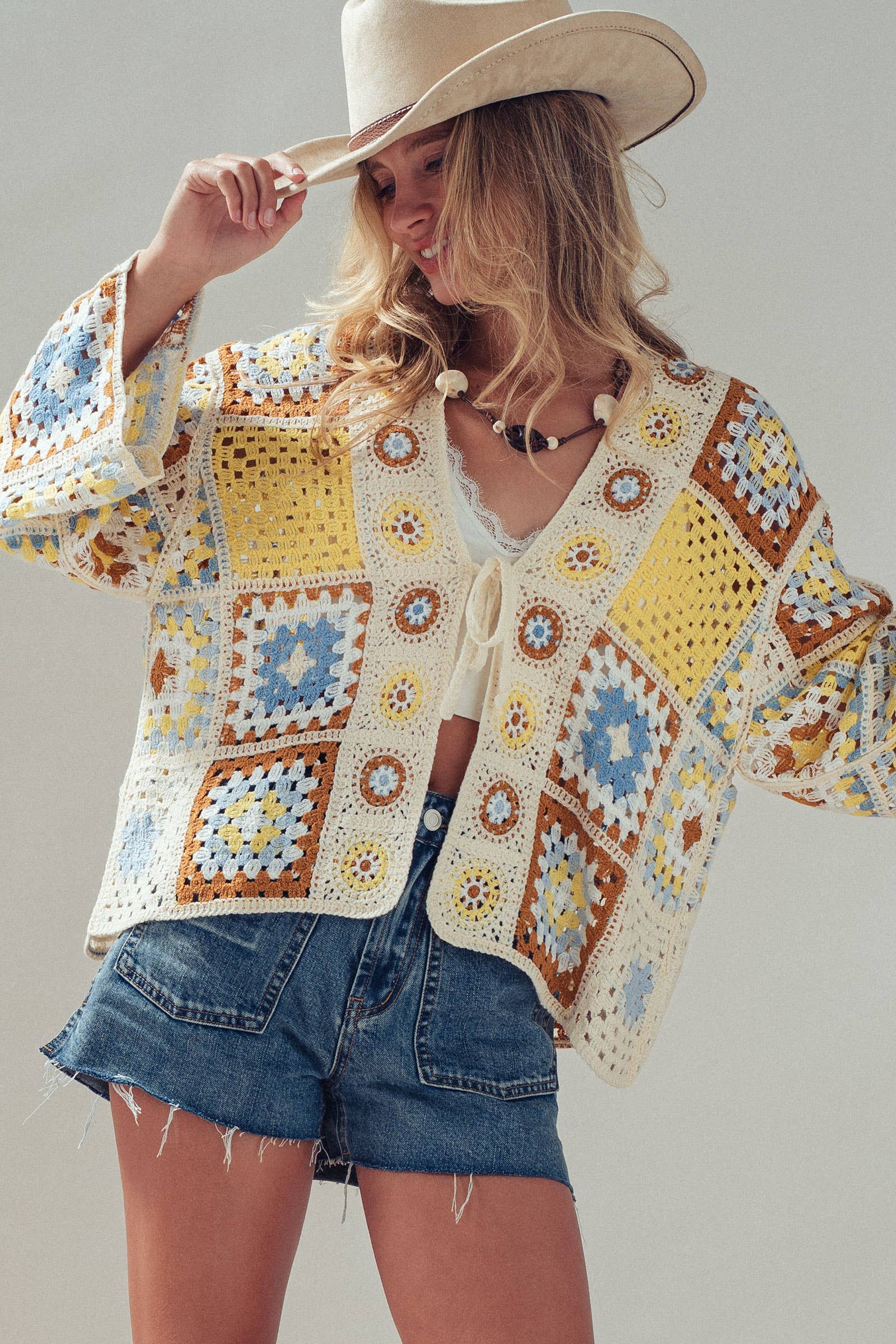 Granny Square Crochet Tie-Front Cardigan