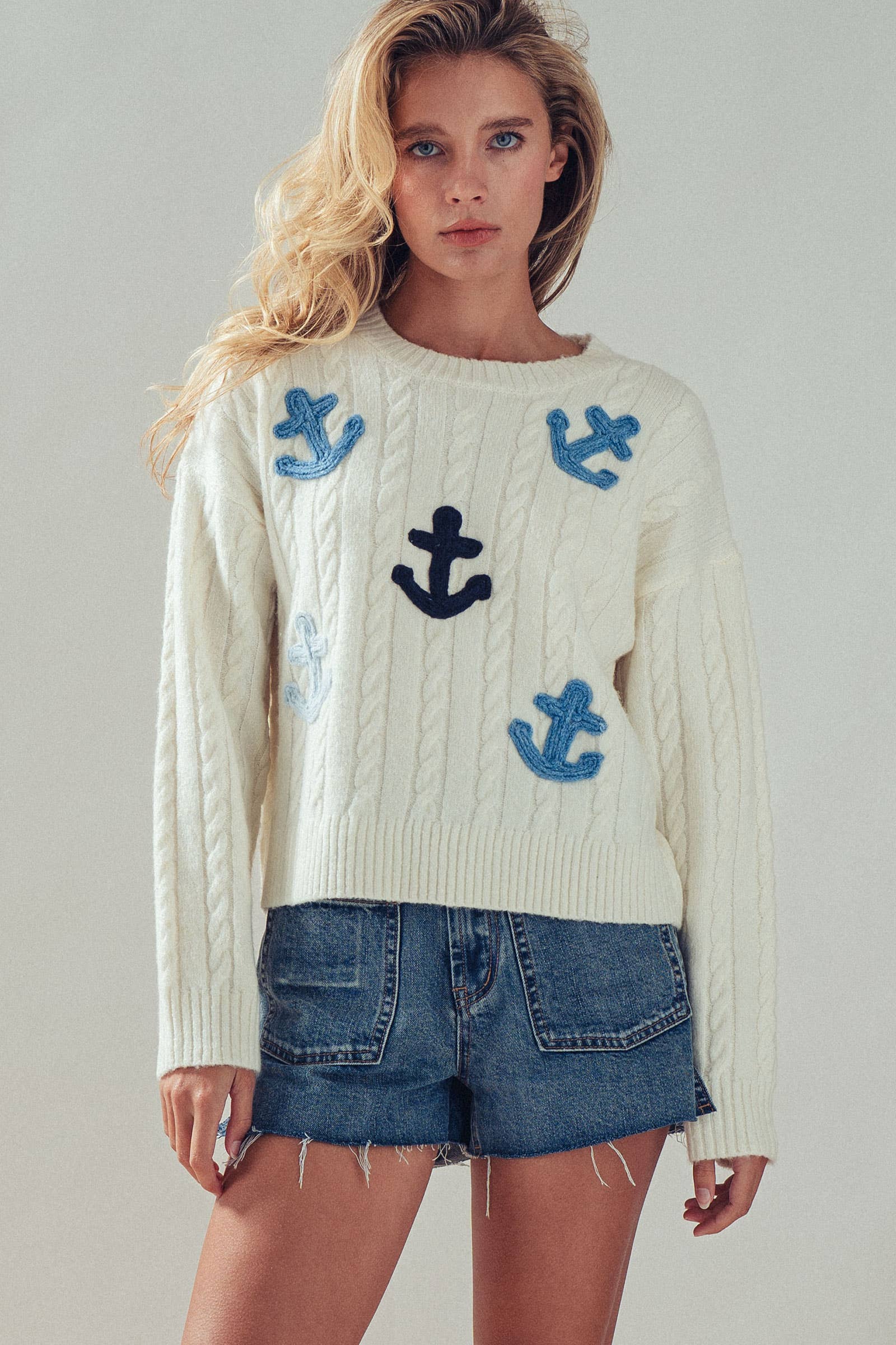 Nautical Anchor Applique Cable Knit Sweater