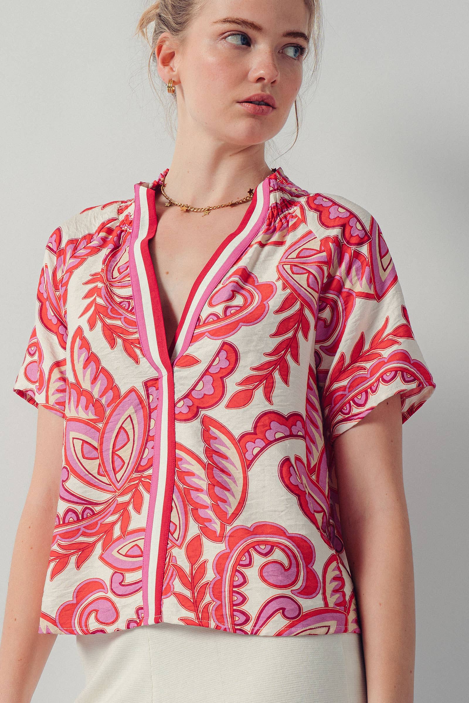 Paisley Smocked High-Neck V-Neck Blouse