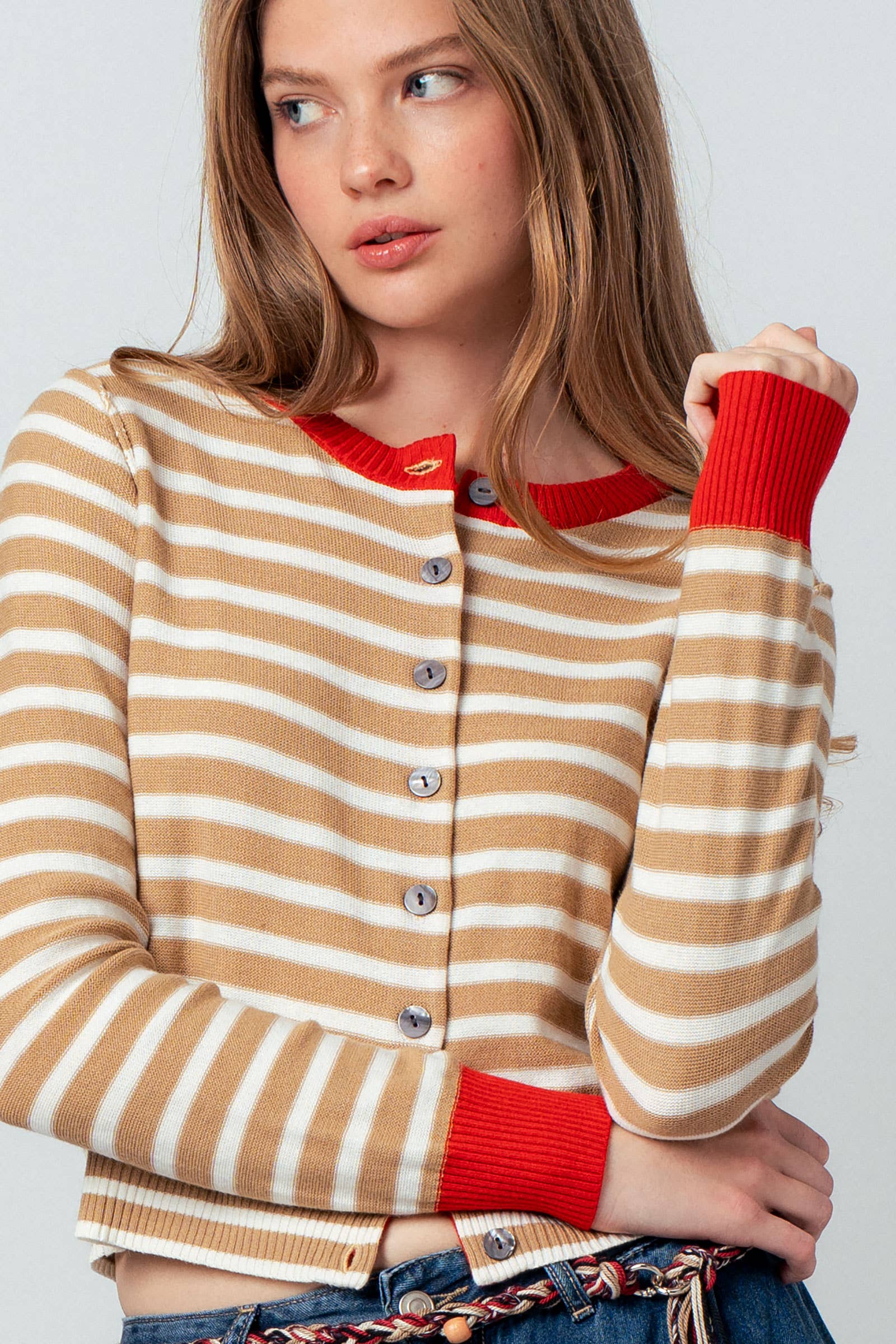 Striped Knit Cropped Button-Up Cardigan