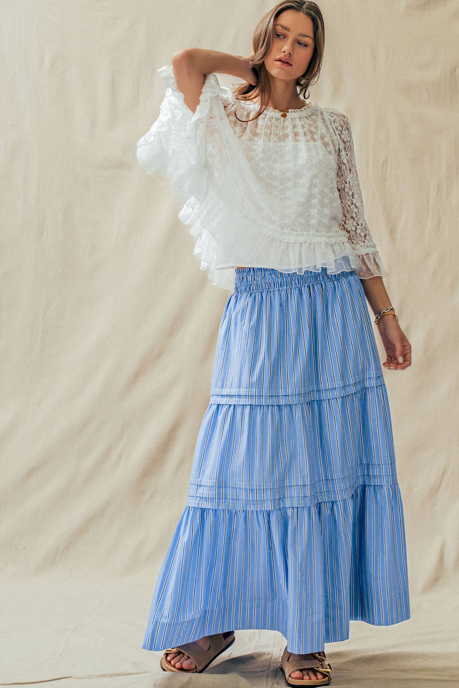 Striped Cotton Tiered Smocked Maxi Skirt