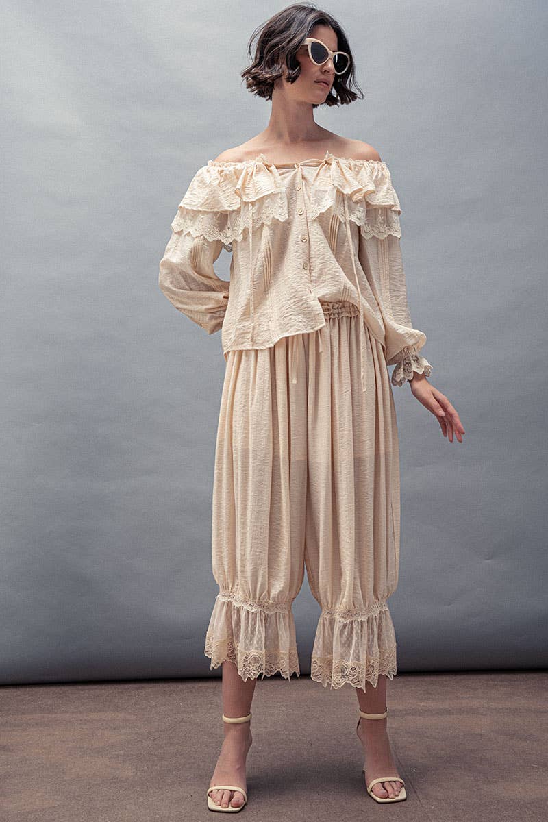 Lace Trim Ruffle Tie Neck Spring Blouse Top