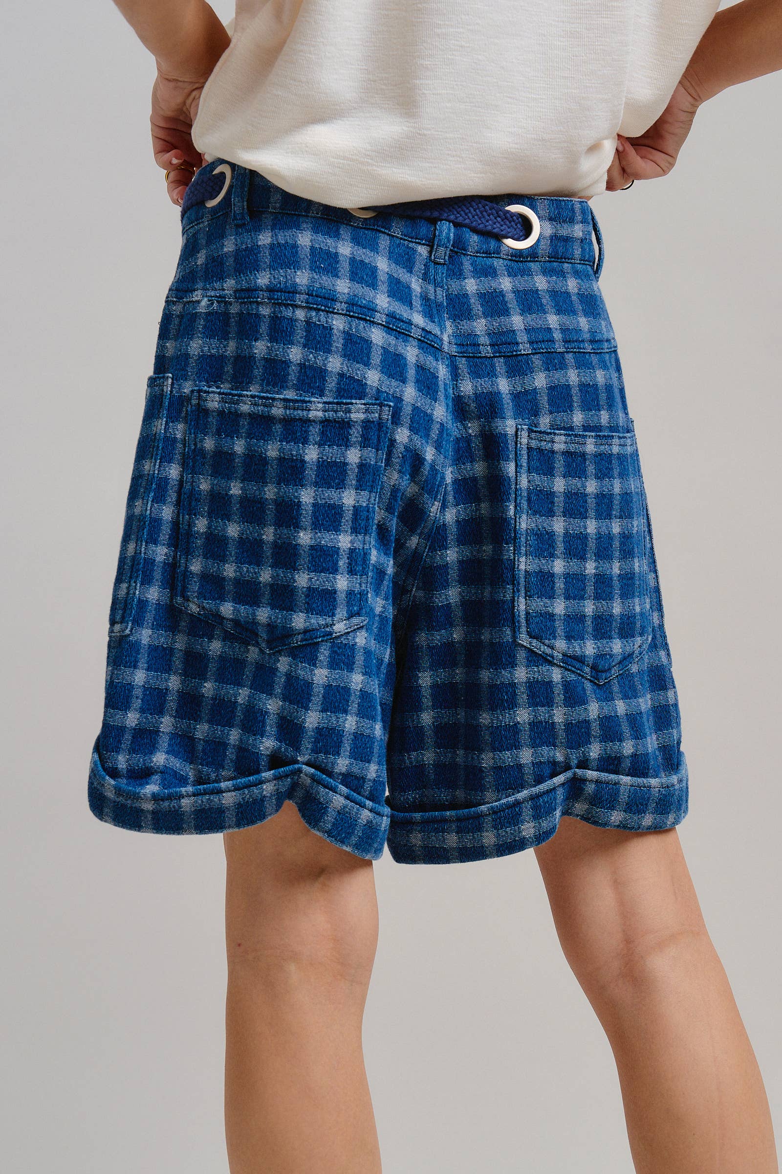 Plaid Cotton Blend Shorts Rope Drawstring