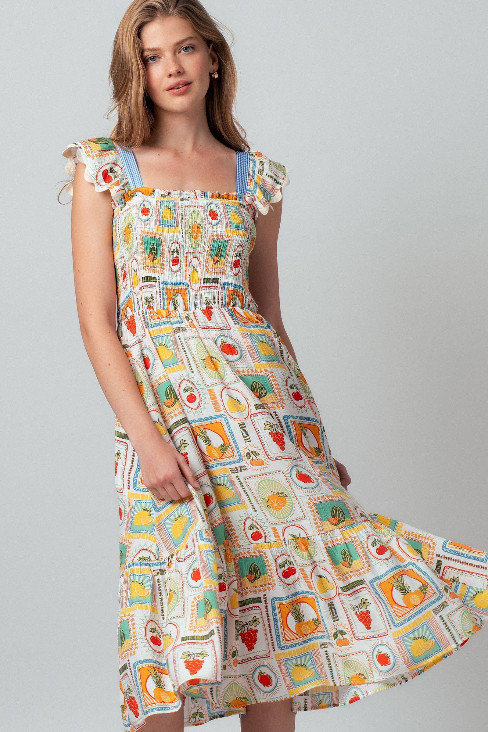 Novelty Stamp Print Smocked Midi Dress