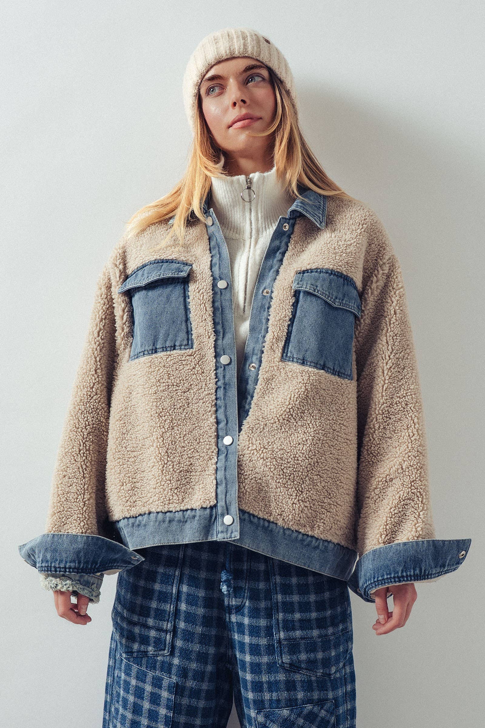 Urban Daizy Denim Contrast Sherpa Mixed-Media Shacket Beige Jacket - Women's (UDZ-OT-00357)