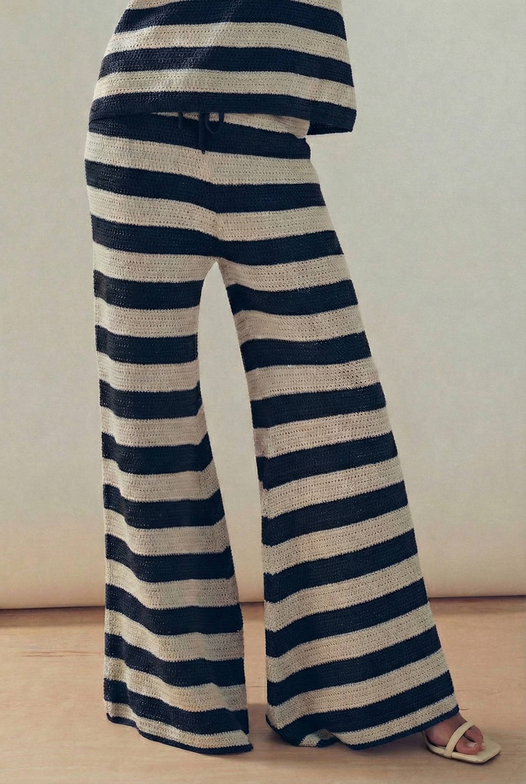 Striped Knit Drawstring Flare Pants