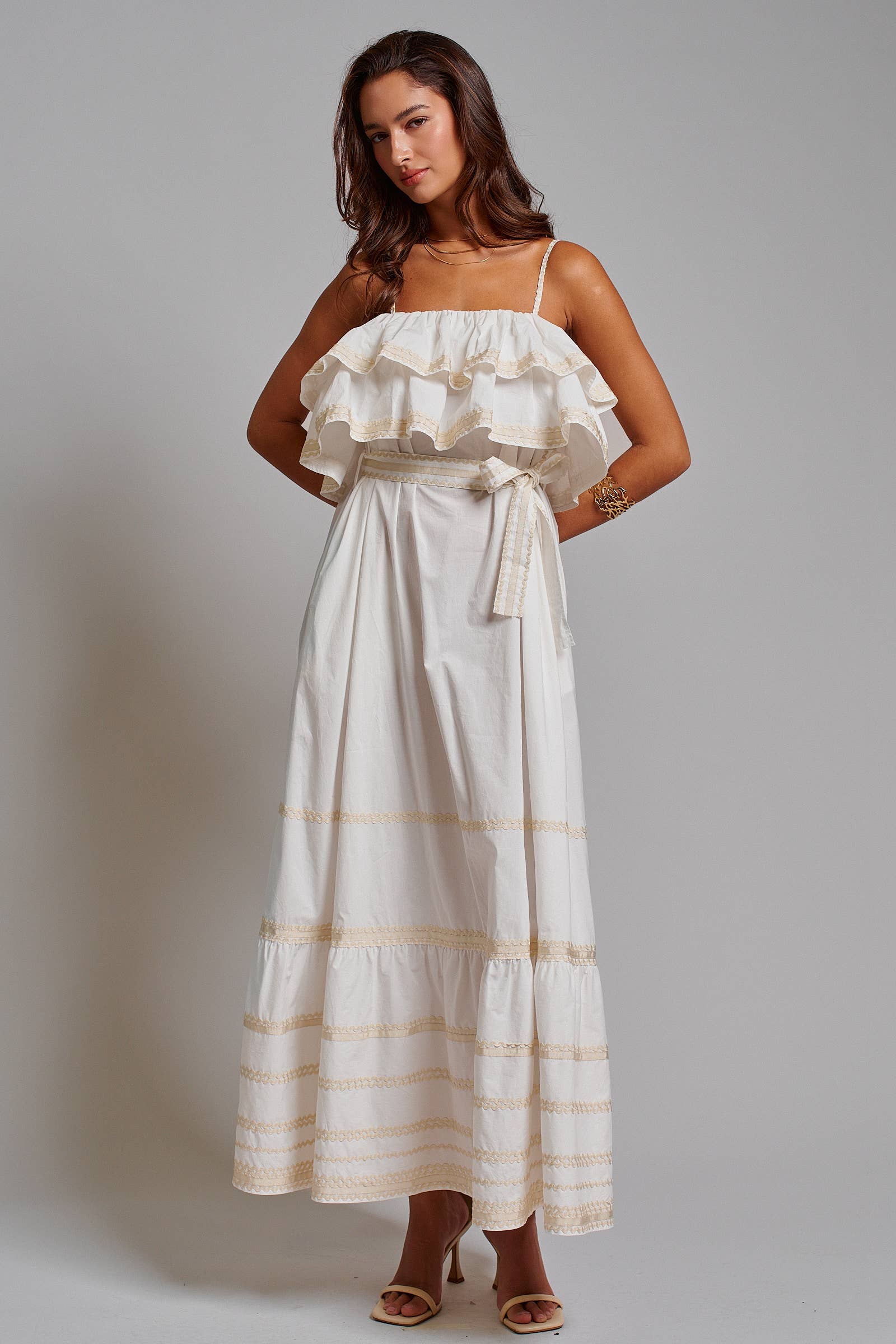 Rickrack Trim Tiered Ruffle Cotton Maxi Dress