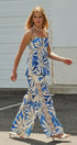 Satin Wide-Leg Pants Set with Crop Top in BLUE IVORY - Women's Pants Sets | Urban Daizy