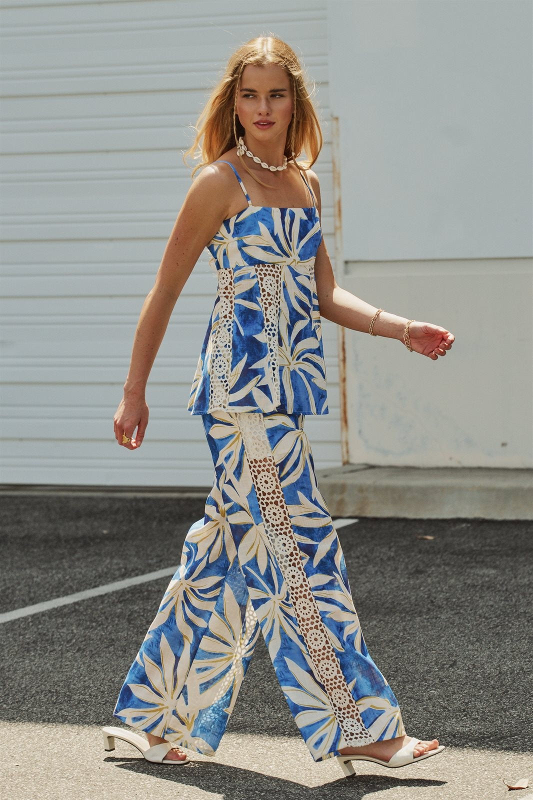 Satin Wide-Leg Pants Set with Crop Top in BLUE IVORY - Women's Pants Sets | Urban Daizy