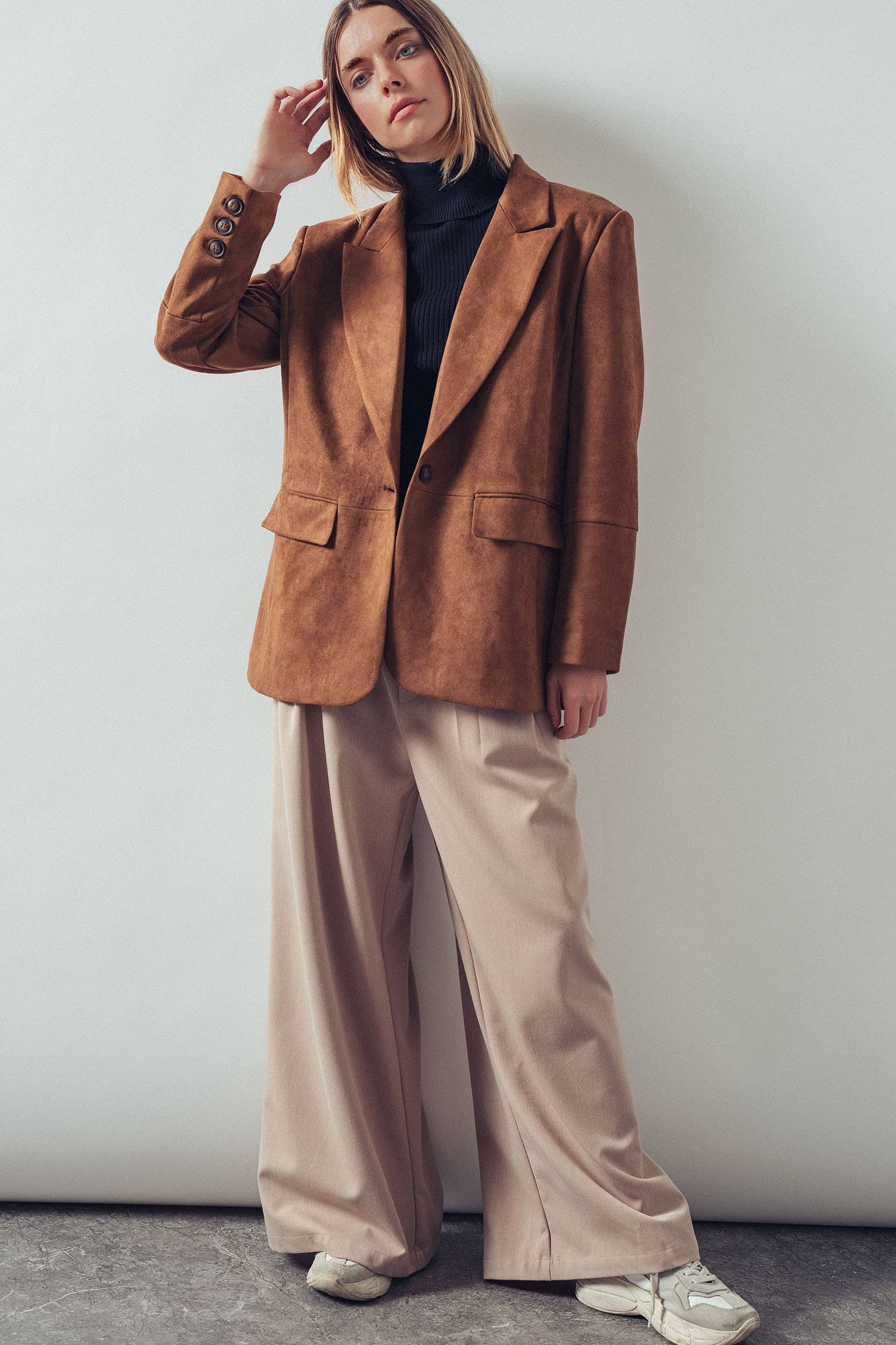 Relaxed Fit Notched Lapel Faux Suede Blazer