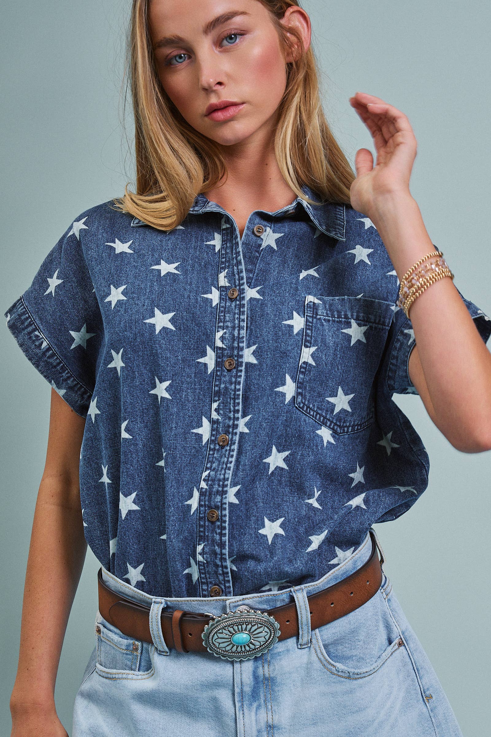 Star Print Chambray Short Sleeve Button Down