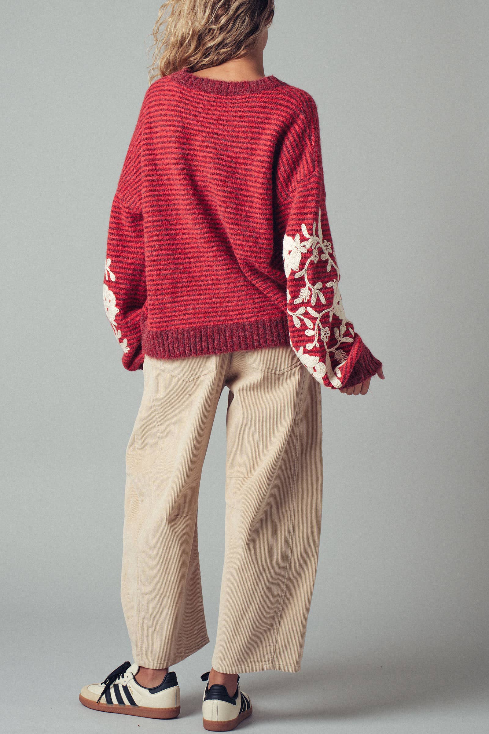 Urban Daizy Floral Embroidered Striped Knit Sweater Brown Knit Sweater - Women's (UDZ-TP-00814) – alternate view 9