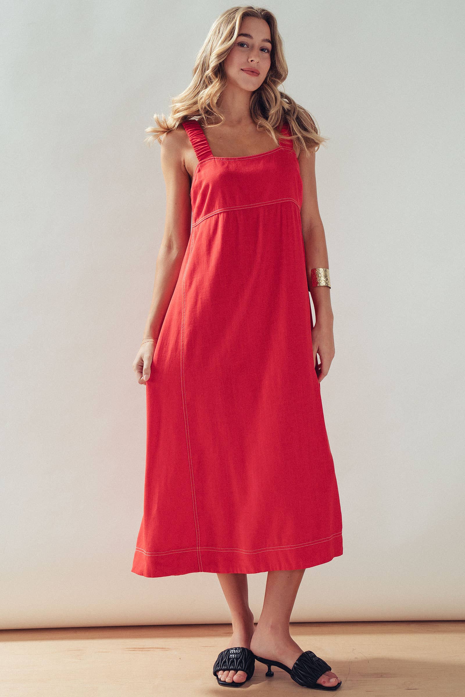 Contrast Stitch Square Neck Tencel Linen Midi Dress