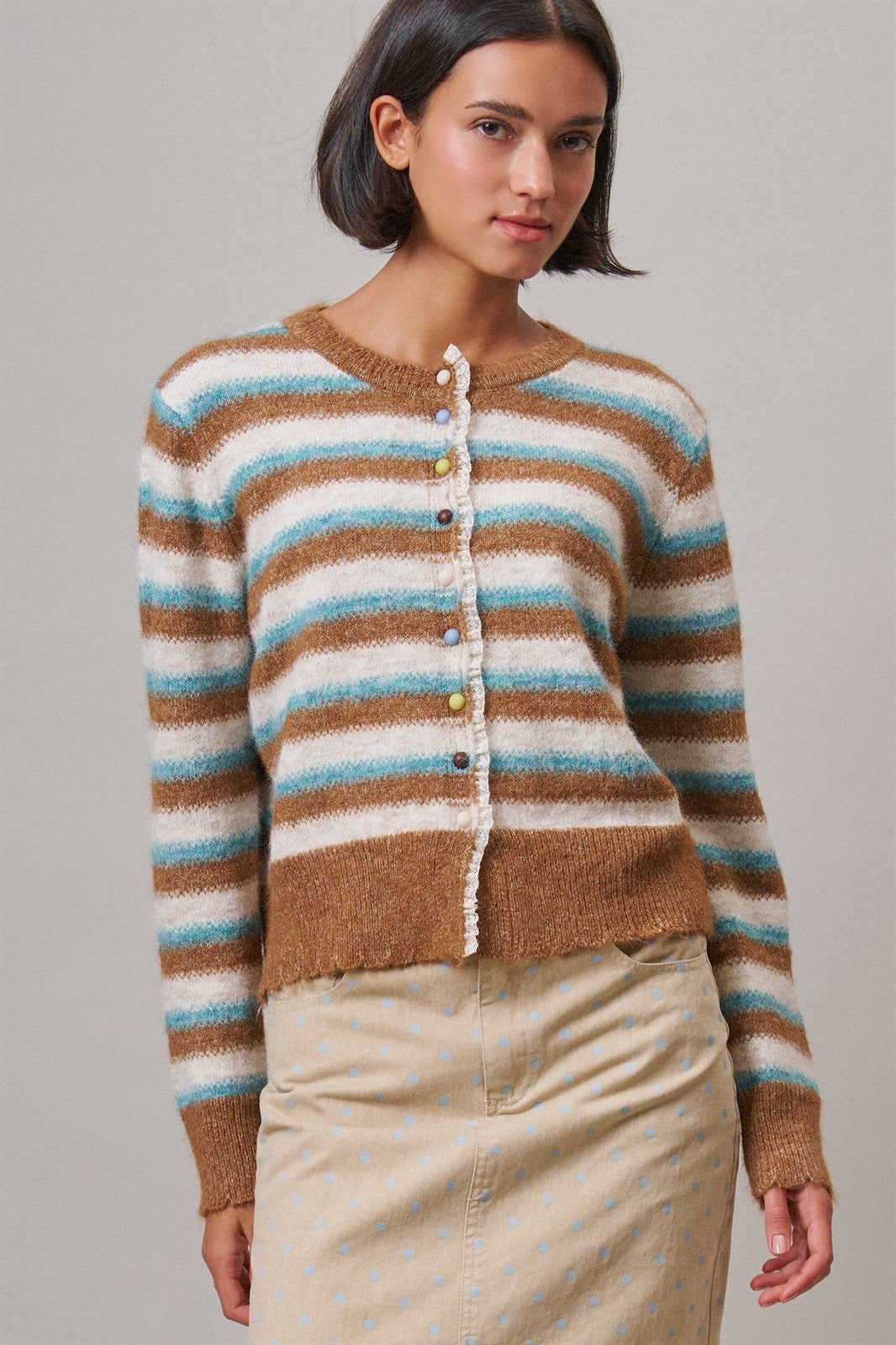Lace Trim Striped Cardigan Coastal Grandma Preppy for Women in BROWN BLUE - Women's Cardigans & Shrugs | Urban Daizy