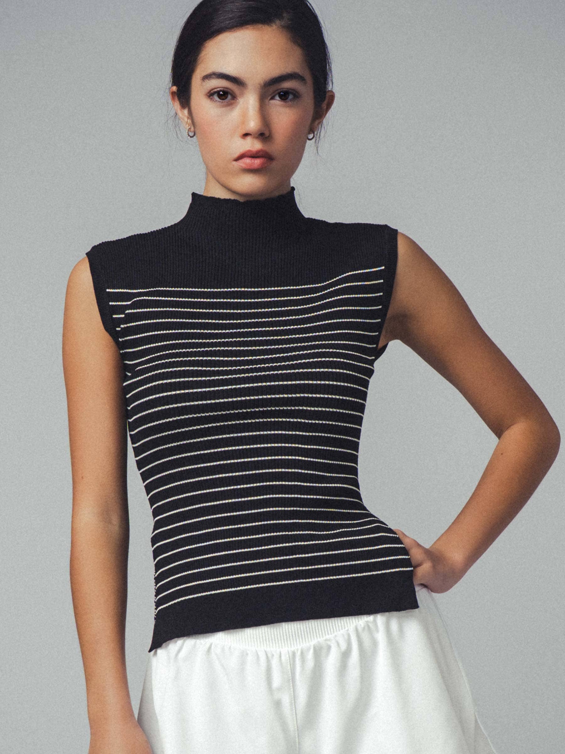 Urban Daizy Striped Ribbed Mock Neck Sleeveless Top Lt-Khaki Knit Top - Women's (UDZ-PT-00352) – alternate view 5