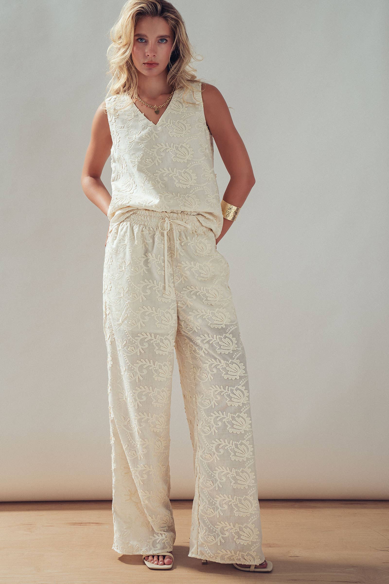 Floral Embroidered Cotton Top And Pant Set