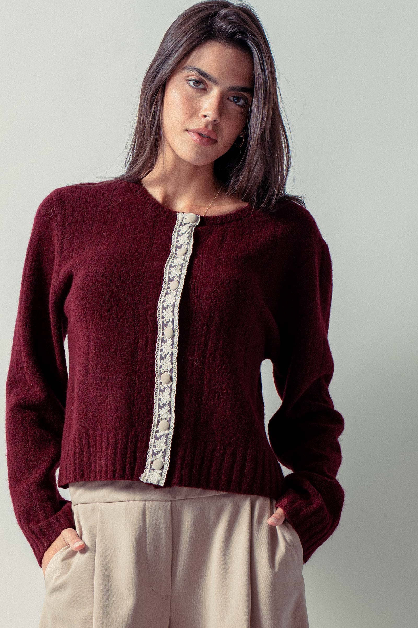 Urban Daizy Lace Trim Wool Blend Cardigan Pastel-Blue Cardigan - Women's (UDZ-KN-00652) – alternate view 28