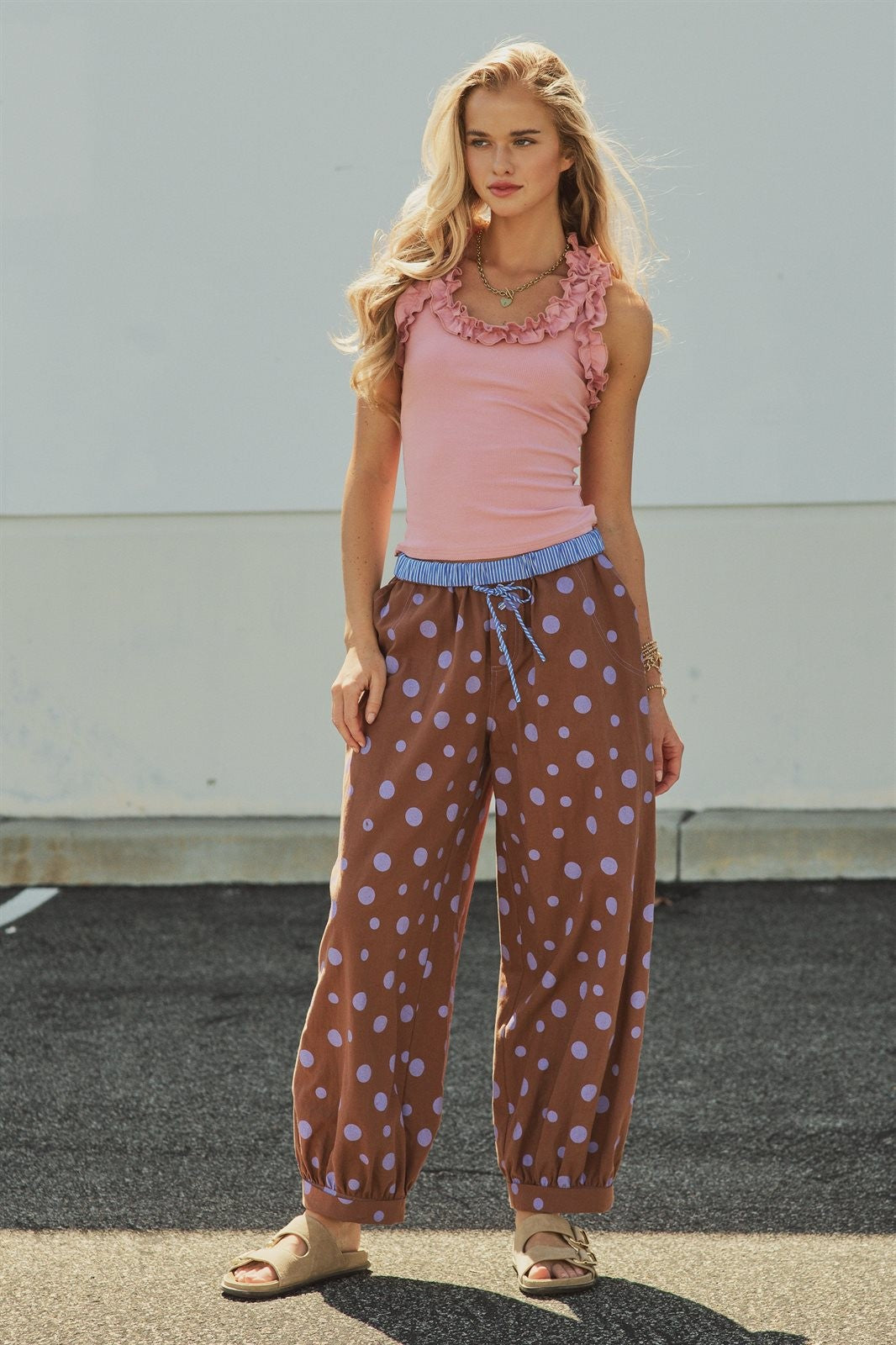Retro Candy Pop Polka Dot Pants in BROWN BLUE - Women's Pants | Urban Daizy