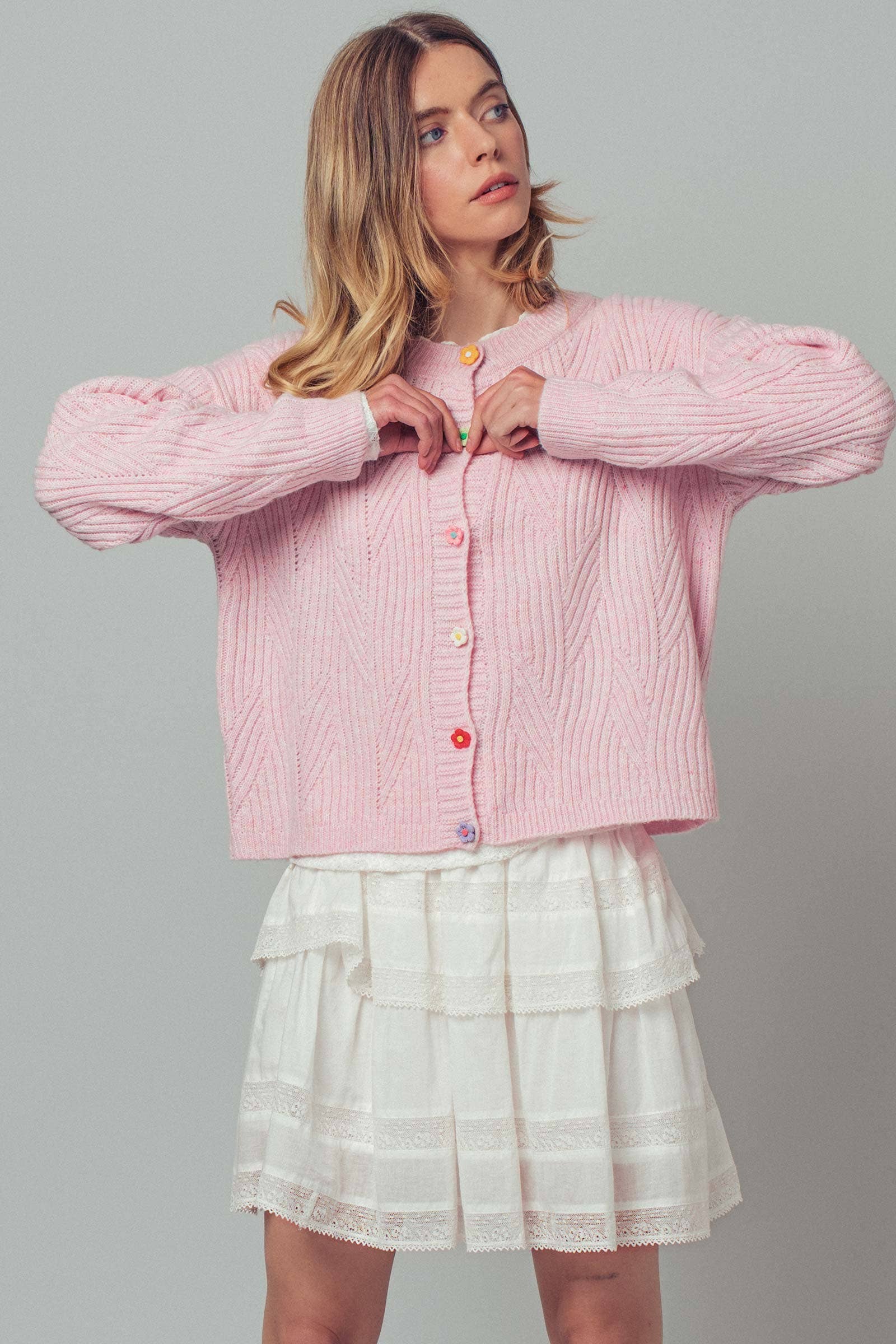 Flower Button Textured Knit Cardigan