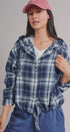 Plaid Flannel Hooded Shirt Jacket with Drawstring Hem in NAVY - Women's Shirts & Blouses | Urban Daizy