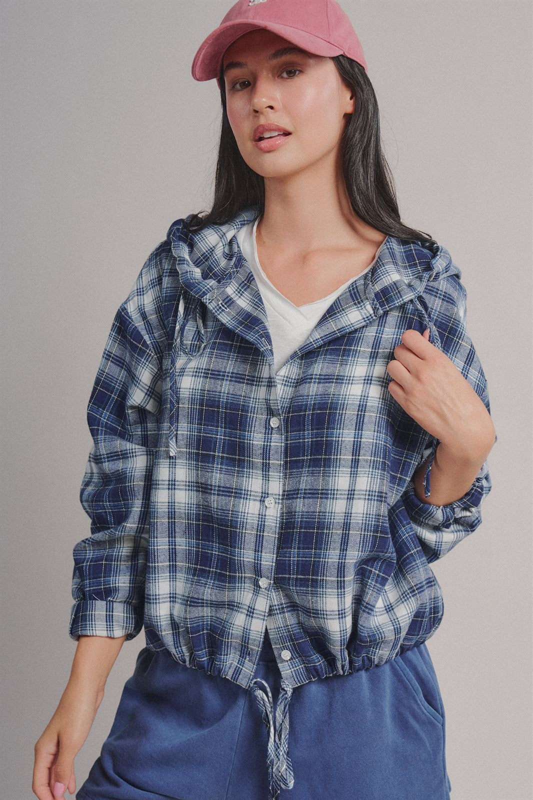 Plaid Flannel Hooded Shirt Jacket with Drawstring Hem in NAVY - Women's Shirts & Blouses | Urban Daizy