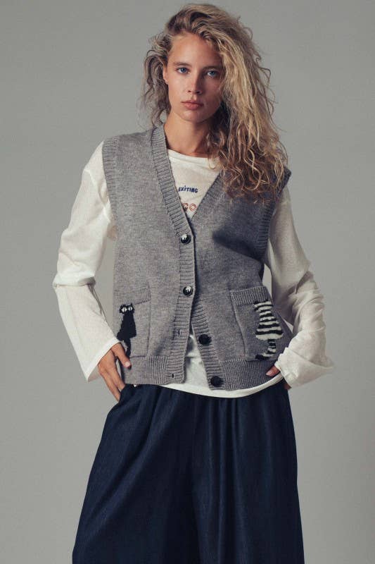 Urban Daizy Cat Print Knit Sweater Vest Grey Sweater Vest - Women's (UDZ-TP-00814) – alternate view 11