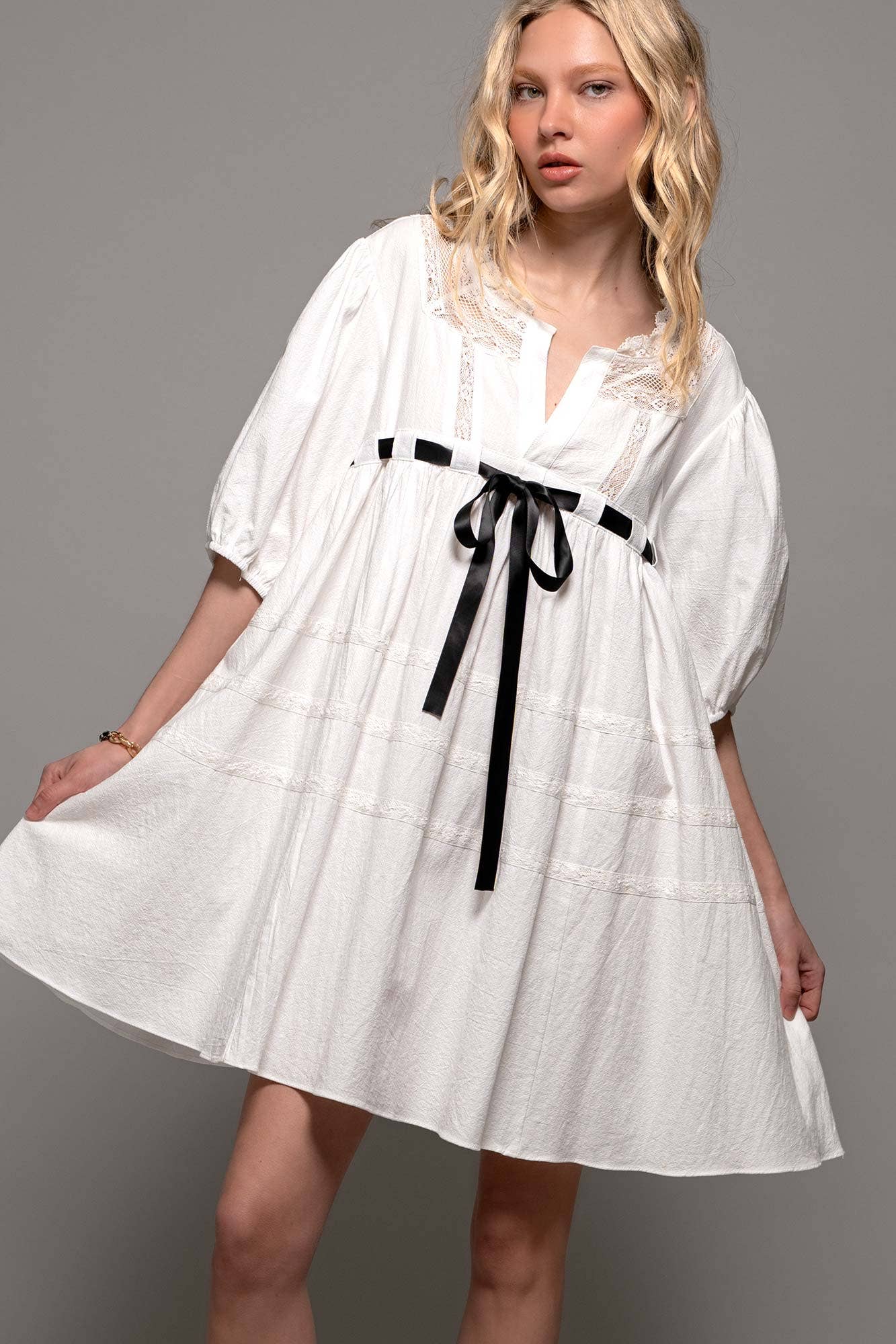 Urban Daizy Square Neck Lace Trim Bow Detail Empire Waist Dress Ivory Dress - Women's (UDZ-DR-00332) – alternate view 9