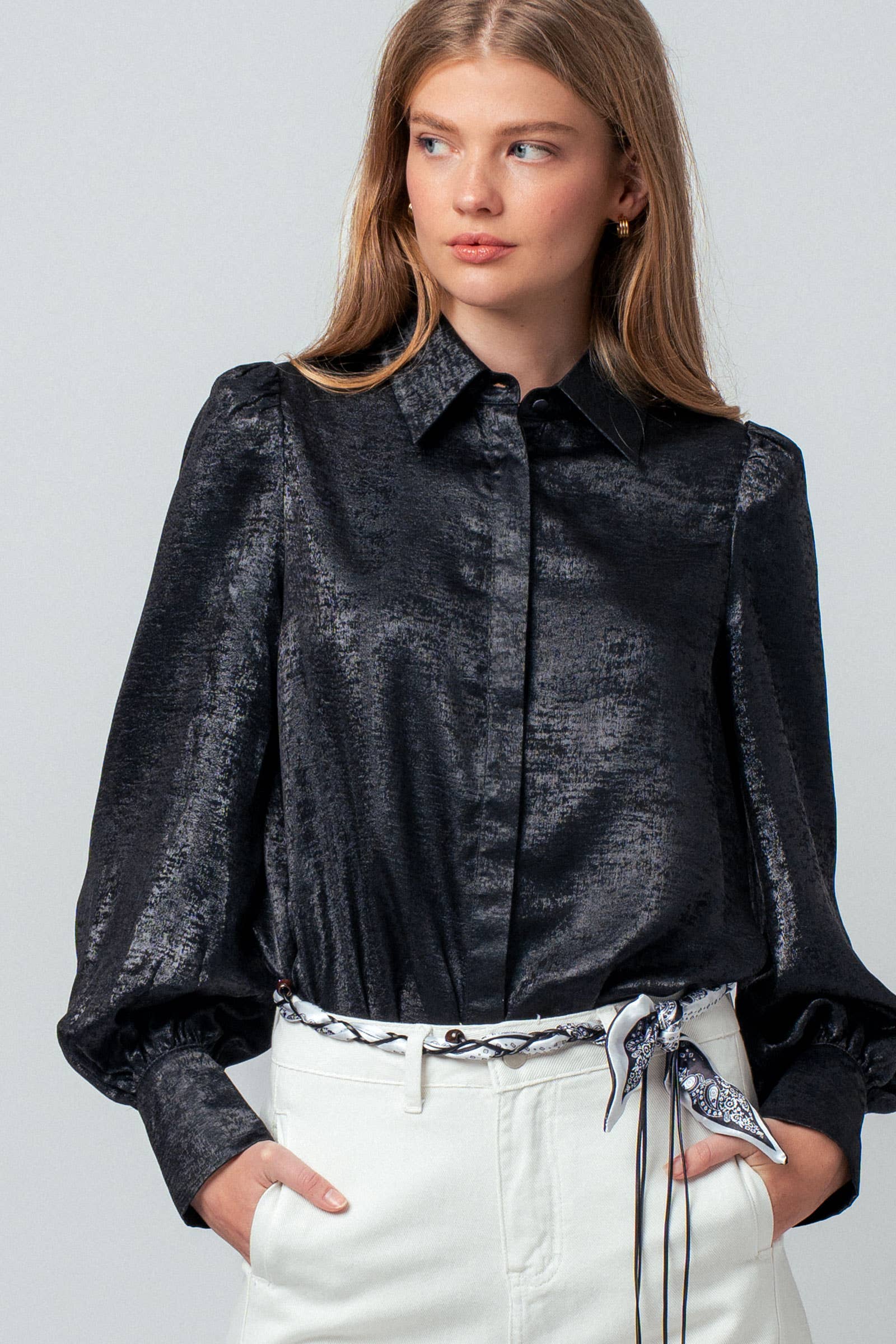 Metallic Billowy Sleeve Button Down Blouse