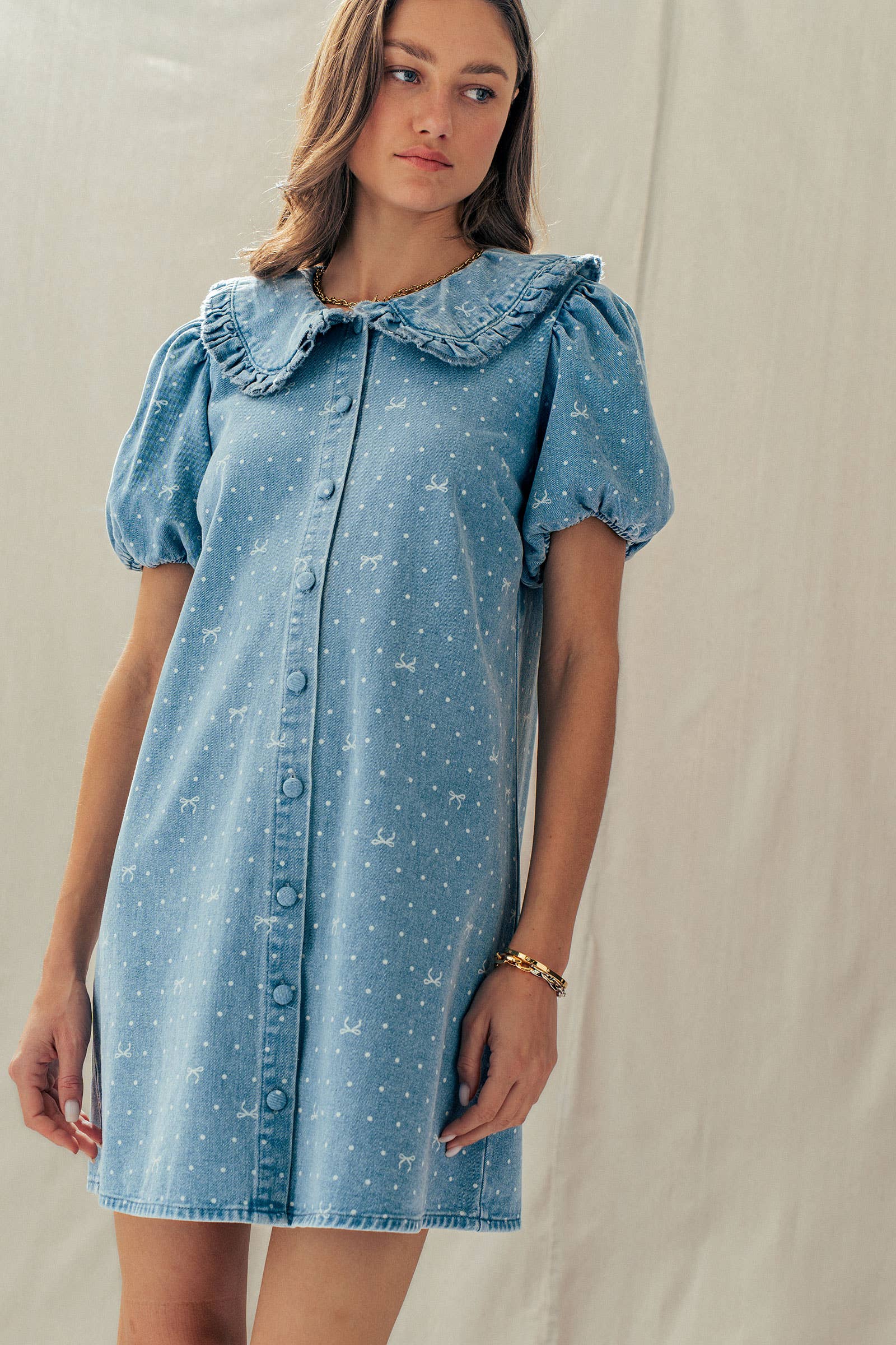 Bow Print Denim Mini Dress Ruffle Collar